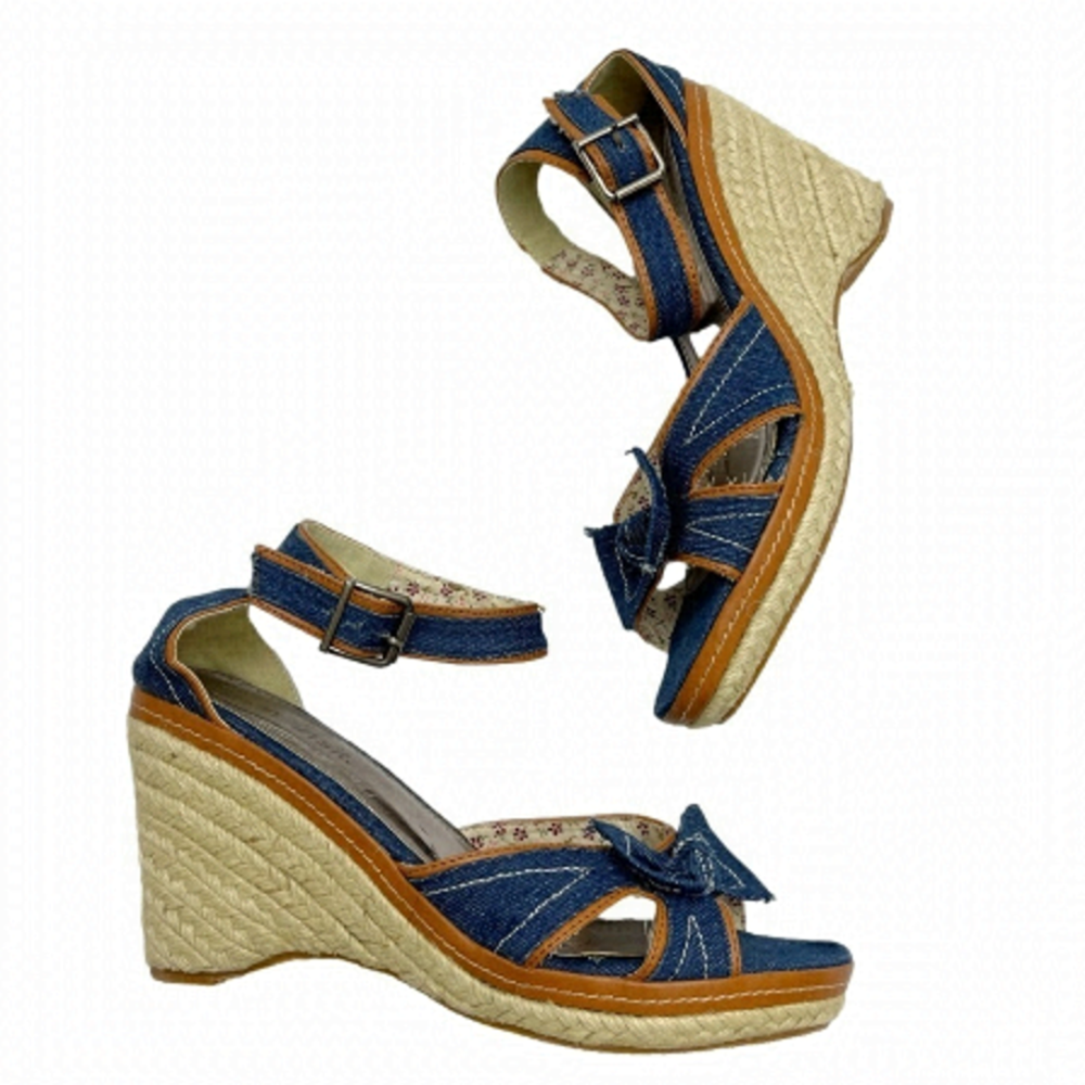 Denim jeans strappy wedges size 10.5 US Open back open toes bow tie